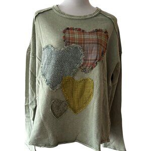 Mittoshop sage green patchwork heart long sleeve crewneck distress top sz M NWT